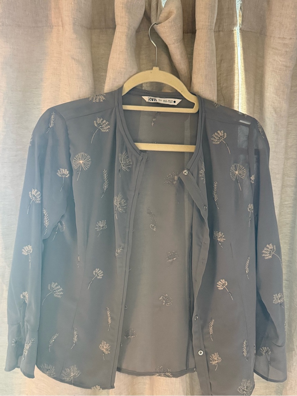 Zara grey Sheer Floral-Embroidered Button up shirt